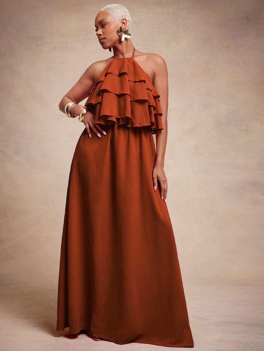 Vixey Solid Chiffon Fully Lined Tiered Ruffle Flowy Halter Neck Maxi Dress, Casual Dress - Orange - View 1