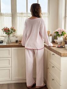 Snug Reverie Women's Autumn/Winter Plush Embroidered Lace Trim Double Pocket Open Front Long Sleeve Pants Pajama Set - Pink - View 2