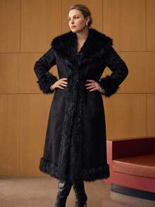 MOTF PREMIUM WOMEN'S PLUS SIZE AUTUMN/WINTER SHEARLING LONG COAT - Black - View 3