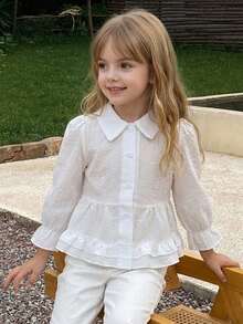 Dazy Kids Young Girl French Style Versatile Single-Breasted Ruffle Hem Blouse - White - View 3