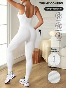 SHEIN Velisys 2件組女款運動連身褲，U領、露背、可調式肩帶、純色、羅紋、緊身、無縫，適合跑步、瑜珈、健身、運動，提臀長褲 - Pearl White - 查看 3