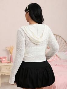 CovetEZ New Lace Knit Jacquard Hooded Casual Semi-Sheer Plus Size Jacket - Black - View 2