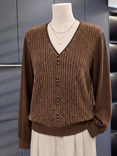 Miaspire Middle-Aged Women's Autumn/Winter Casual Patchwork Top