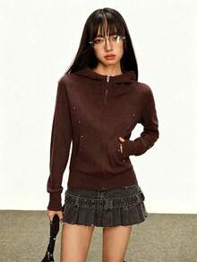 INAWLY 女款純色連帽休閒日常長袖運動衫 - 棕色 - 查看 7