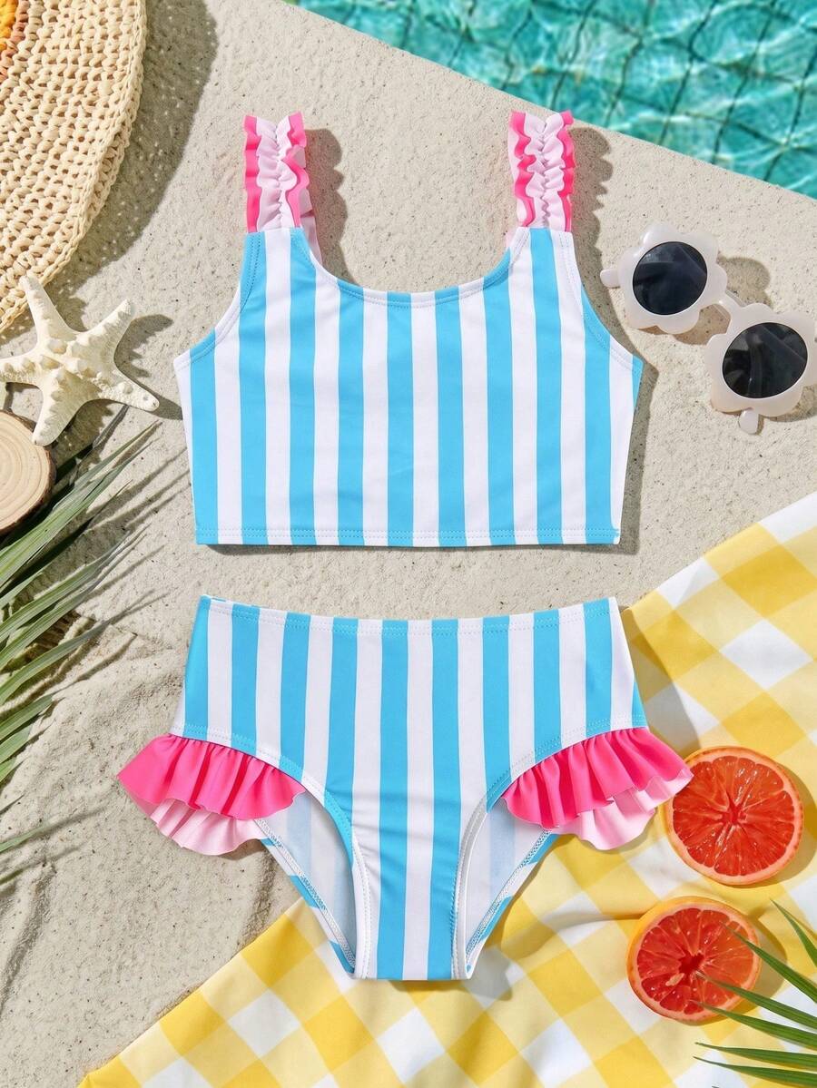 Setelan Baju Renang Anak Perempuan 2 Potong, 2 Potong, Warna Merah, Motif Garis-Garis Sederhana, Bahan Rajut Nyaman, dengan Hiasan Rumbai, Cocok untuk Pantai, Kolam Renang, Tepi Laut, Liburan, Musim Panas, Perjalanan, dan Hari Raya. - Mint Blue - View 1