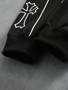 Manfinity Roghcode 男士十字印花套頭衛衣與短褲套裝 度假假期黑色秋季街頭風 - 黑色 - 查看 3