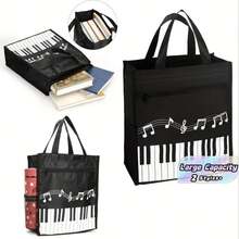 2/5pcs Piano Key Music Waterproof Oxford Cloth Tote Bag, Shoulder Bag, Shopping Bag, Travel Weekend Bag, Reusable Music Handbag, Casual Fashion, Musical Note Pattern, For School, Shopping And Commuting - Black - View 1