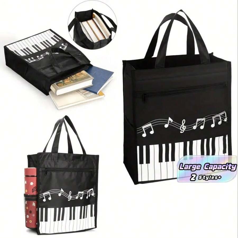 2/5pcs Piano Key Music Waterproof Oxford Cloth Tote Bag, Shoulder Bag, Shopping Bag, Travel Weekend Bag, Reusable Music Handbag, Casual Fashion, Musical Note Pattern, For School, Shopping And Commuting - Black - View 1