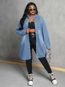 SHEIN EMERY ROSE CURVE Plus Size Casual Drawstring Waist Denim Jacket, Autumn - Light Wash - View 3