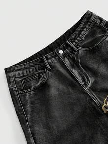 ROMWE MEN Street Life 男士蜈蚣刺繡圖案口袋鈕扣休閒日常牛仔褲 - 黑色 - 查看 3