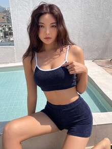 Livesso 女款夏季海灘拼色細肩帶比基尼與低腰三角褲兩件式泳衣套裝 - 藍色 - 查看 5