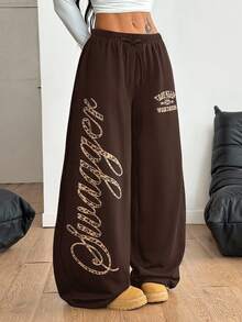 SHEIN Celana Jogging Longgar Kasual Minimalis Nyaman Pinggang Tengah Motif Huruf Kaki Lebar untuk Anak Perempuan Remaja - Coklat - View 1