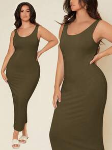 SHEIN BASICS 大尺碼純色修身休閒晚餐約會洋裝 夏季女款優雅洋裝 - 軍綠色 - 查看 1