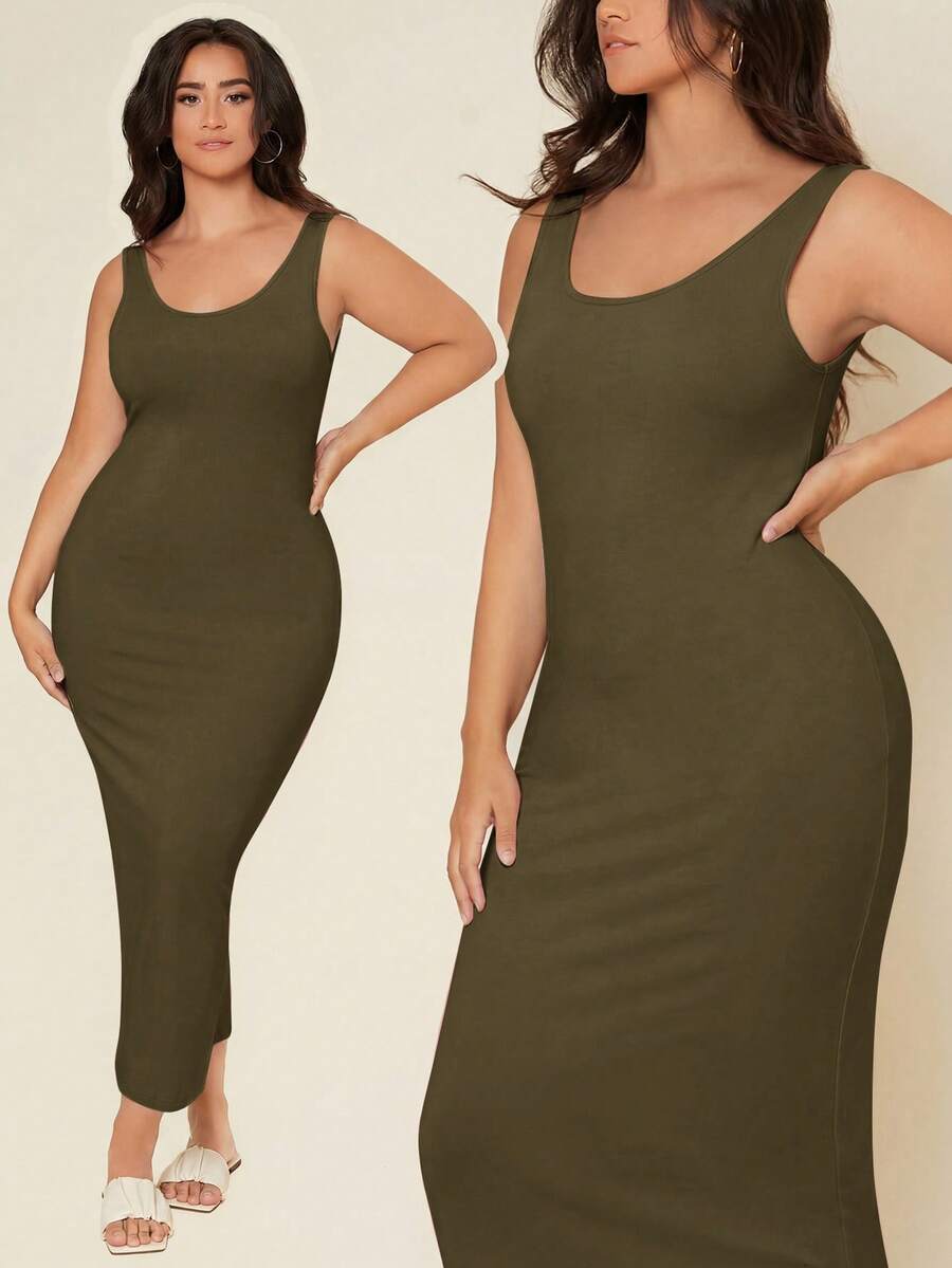 SHEIN BASICS 大尺碼純色修身休閒晚餐約會洋裝 夏季女款優雅洋裝 - 軍綠色 - 查看 1