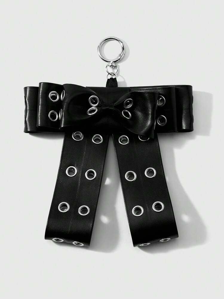 ROMWE 1pc Punk Gothic Black Glossy Leather Metal Eyelet Multi-Layer Complex Handmade Bow DIY Keychain Bag Pendant, Girls Wear Holiday Gift - Black-36 - View 13