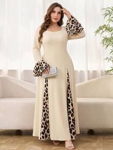 Reflora Plus Size Women's Leopard Print Colorblock Casual Party & Travel Dress Fall - Apricot - View 4