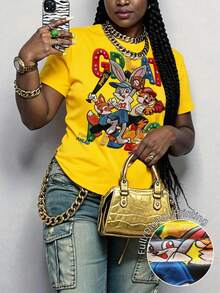 Maweii Plus Size Casual Cartoon Print T-Shirt, Summer - Yellow - View 1
