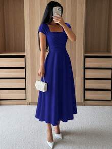 Modelyn Solid Royal Blue Square Neck Cap Sleeve Front Cross Ruched High Waist Swing Midi Flow Dress Back-To-School Season. - Navy Blue - View 1