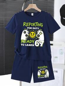 青少年男孩休閒極簡圓領短袖T恤與短褲兩件套，適合夏季，卡通圖案 - 藏蓝色 - 查看 3