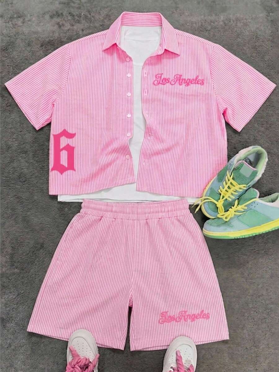 Teen Boy Casual Minimalist Cartoon Pattern Collared Shirt Set Suitable For Summer - Multicolor - View 1
