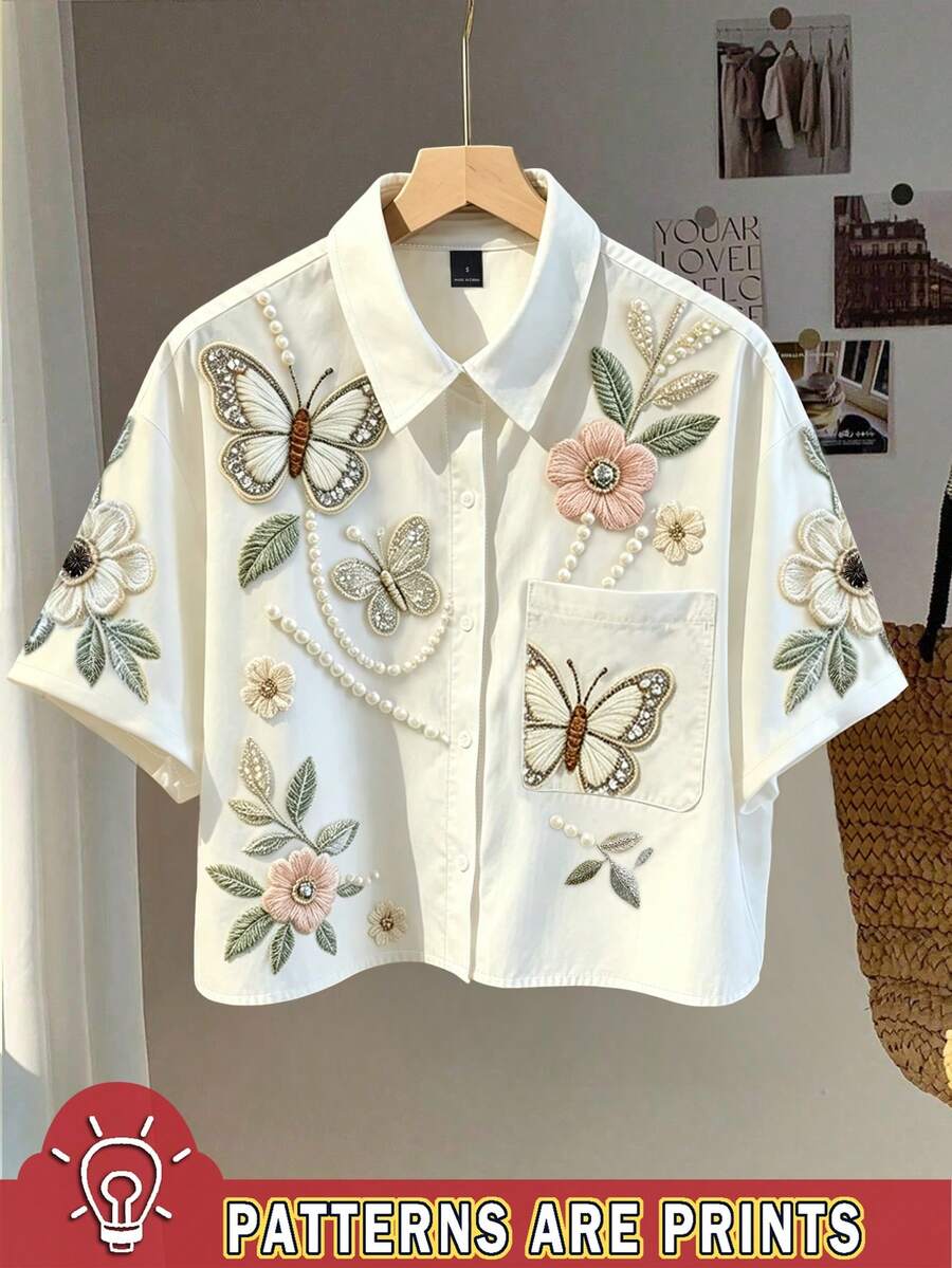 Resyla Plus Size Women's Vacation Butterfly Floral Print Pocket Short Sleeve Top - Multicolor - View 1