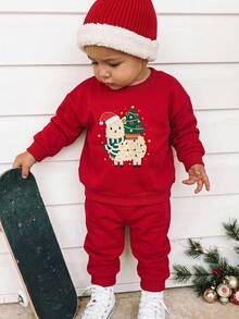 THE HAPPY LOOK 2pcs/Set Young Boy Cartoon Animal Print Soft Knit Crew Neck Long Sleeve Pullover Sweatshirt And Elastic Waist Jogger Pants - Red - View 1