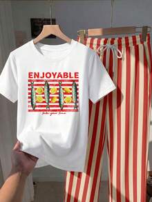 Comfortcana 2pcs Set Embroidered Round Neck Short Sleeve Top And Striped Print Pants, Casual - Multicolor - View 3