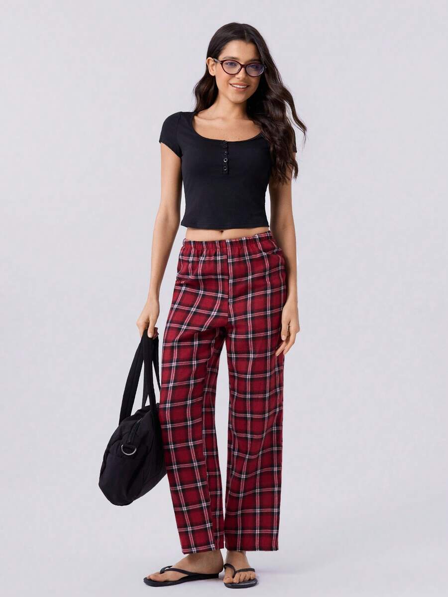 Loungeista 2pcs/Set Sexy Slim Square Neck Button-Up Short Sleeve Top And Plaid Pants Loungewear - Black - View 1