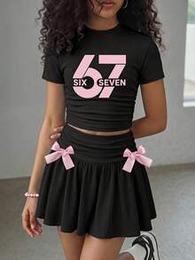 SHEIN 兒童青少年女孩時尚休閒街頭風修身短袖字母印花T恤與蝴蝶結裝飾裙褲兩件套 - 黑色 - 查看 2