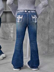 Tween Girls Retro Heavy-Duty Laser Pierced Embroidery & Sequin Decor Flared Denim Jeans,Holiday,Summer,Travel Autumn Fall - Dark Wash - View 1