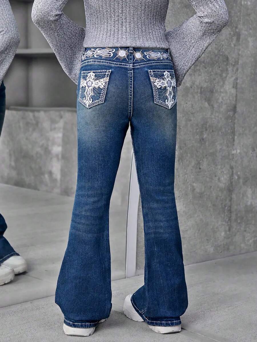 Tween Girls Retro Heavy-Duty Laser Pierced Embroidery & Sequin Decor Flared Denim Jeans,Holiday,Summer,Travel Autumn Fall - Dark Wash - View 1