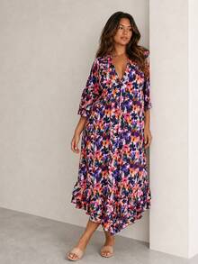 ELLERISSA 大尺碼多彩花卉V領和服袖荷葉邊中長洋裝 - 彩色 - 查看 3