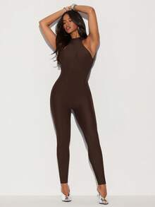 Hauture Women's Sexy High Mock Neck Fitted Bodycon Backless Jumpsuit - Brown - View 4