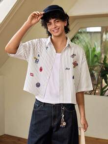 Whitmere Men's Striped Print Embroidered Front Button Short Sleeve Shirt, Summer - White - View 1