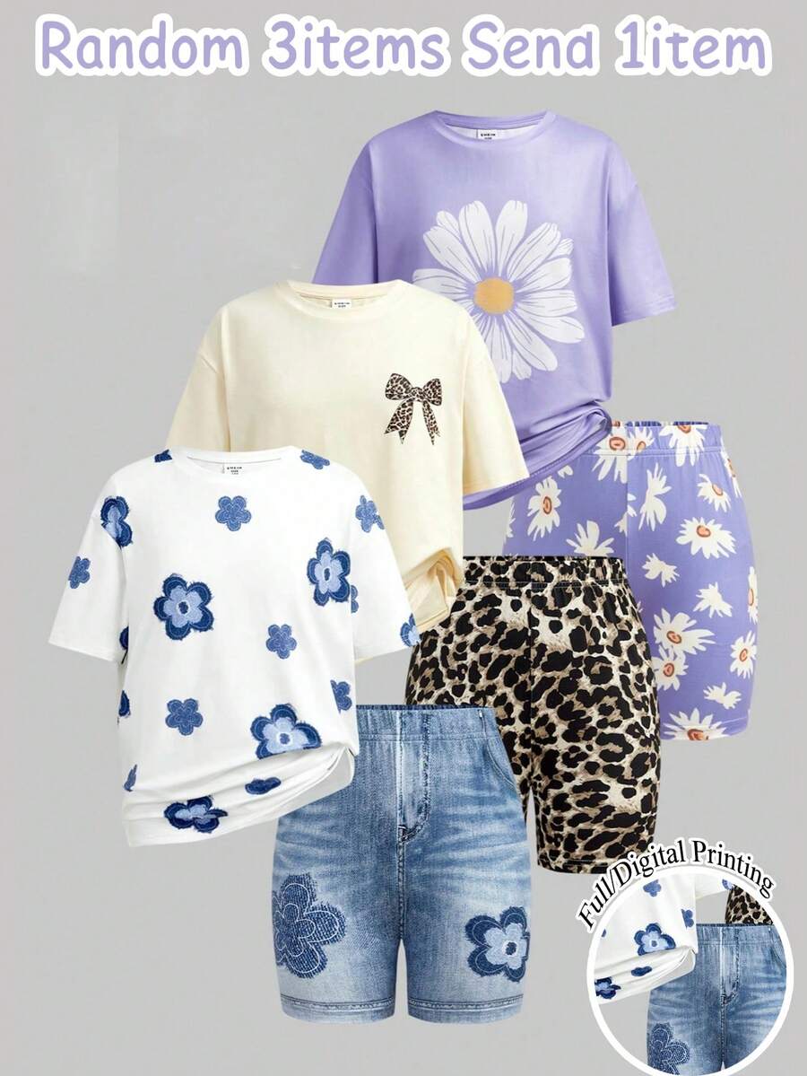 SHEIN 女童幼兒春夏秋冬套裝盲盒,3款隨機發貨1套,滿版印花套裝,含雛菊圖案、蝴蝶結、豹紋元素,適合外出與街頭穿搭,適合春夏 - 彩色 - 查看 1