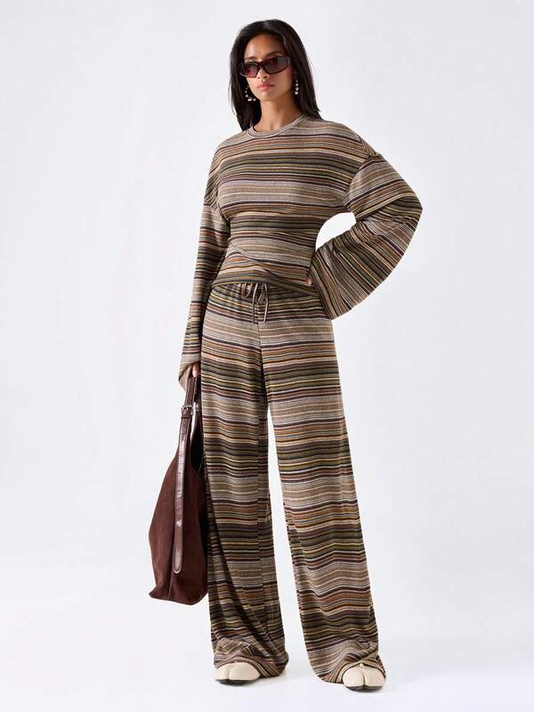 LYSMO Conjunto de 2 piezas de top y pantalones a rayas casual para mujer en otoño