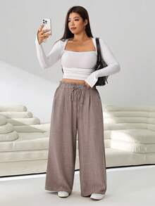 Solflare Plus Size Casual Daily Pocket Loose Drawstring Waist Pants - Khaki - View 5