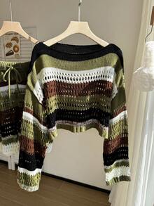 Comfortcana Setelan Sweater Rajut Berongga Warna Blok Putih dan Hijau Ukuran Besar dan Celana Pendek untuk Liburan Formal Musim Gugur Gaya Vintage 1920-an - MultiWarna - View 4