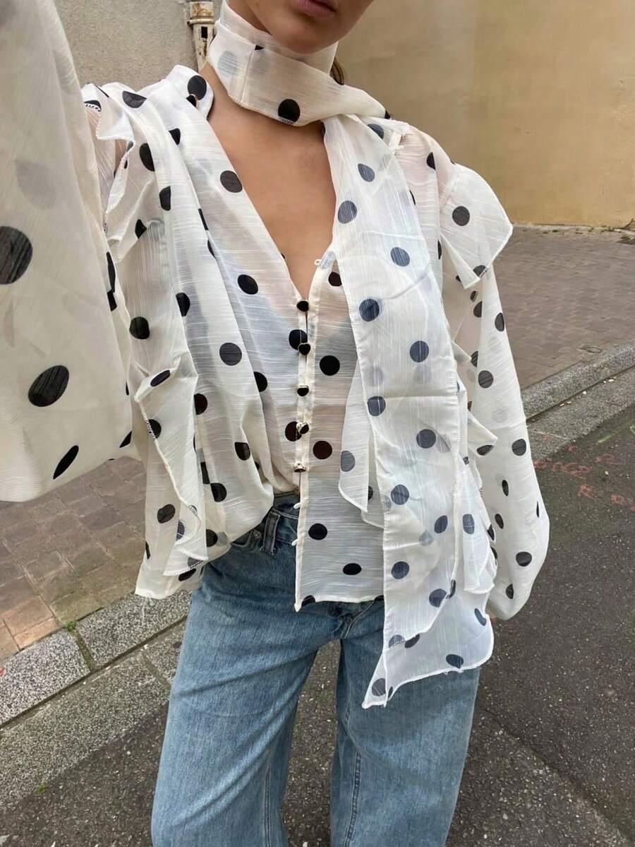 Serisse 女款波點休閒百搭日常穿著襯衫 - 杏色 - 查看 1