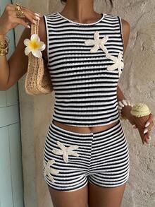 Aloruh New Summer Butter Yellow Beach Vacation Outfits Vacation Knit Top - Black and White - View 5