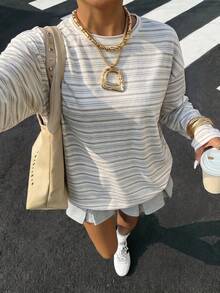SHEIN EZwear 女款條紋拼接色塊休閒百搭日常長袖T恤 - 彩色 - 查看 12