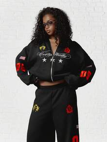 SUMWON WOMEN Central Valley Oversized Full-Zip Hoodie With Embroidered Stars Patches And American Flag Sleeve Detail - Black - View 1