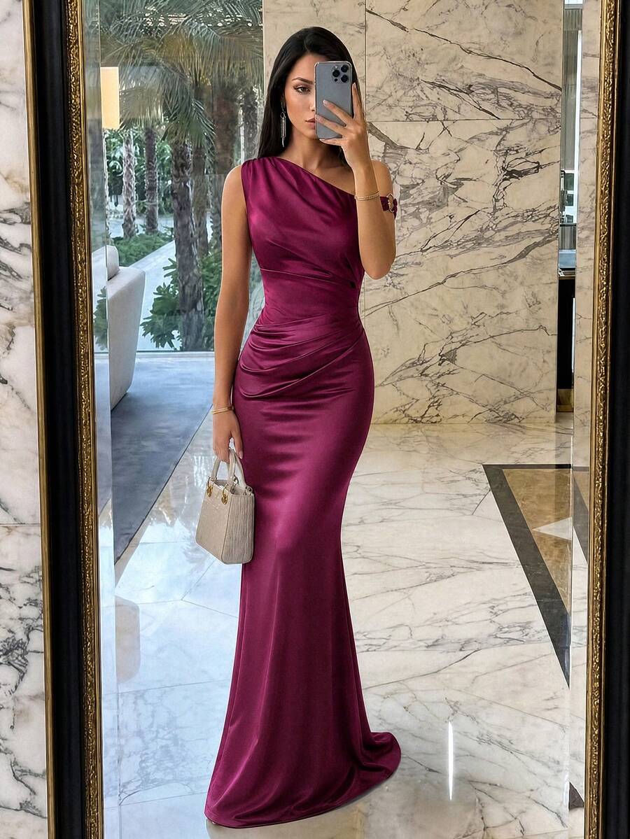 Firerie Elegant Burgundy Metallic Glitter Satin Patchwork Asymmetric Shoulder Buckle Decor Fishtail Dress Fall Wedding
