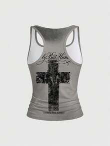 ROMWE Grunge Punk Women's Letter & Cross Pattern Casual Daily Wear Top - Grey - View 2