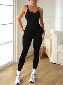 SHEIN Velisys 2件組女款運動連身褲，U領、露背、可調式肩帶、純色、羅紋、緊身、無縫，適合跑步、瑜珈、健身、運動，提臀長褲 - Pearl White - 查看 4
