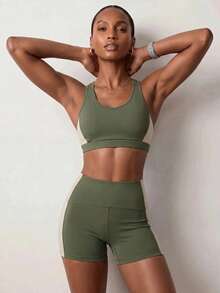 Zivah Women's Colorblock Cropped Top And High-Waist Shorts Gym Workout Fitness Pilates Set Olive Green All Season - Green - View 6