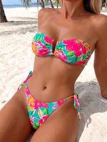 WanderVale con estampado floral Bandeau con cordón lateral Bañador bikini - Multicolor - Ver 7