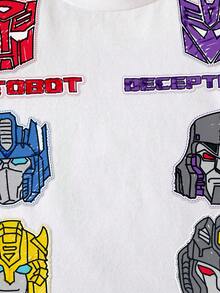 Transformers X SHEIN 小男孩字母機器人印花圓領短袖休閒T恤 - 白色 - 查看 4
