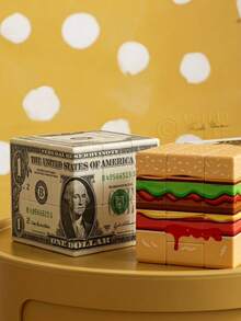 Joivida 1Pc Poker/Burger/Dollar Print 3x3 Puzzle Cube, UV-Printed Mirror-Style Irregular Cube, Creative Hamburger-Shaped Desktop Ornament For Office, Travel, Party, Birthday & Novelty Gift - Multicolor - View 2