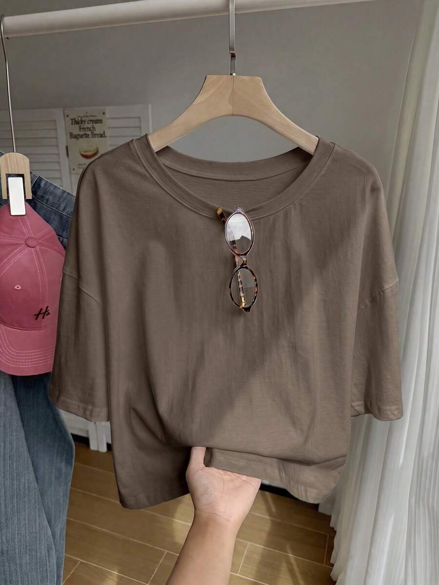 Comfortcana Solid Color Drop Shoulder Short Casual Plus Size T-Shirt - Brown - View 1